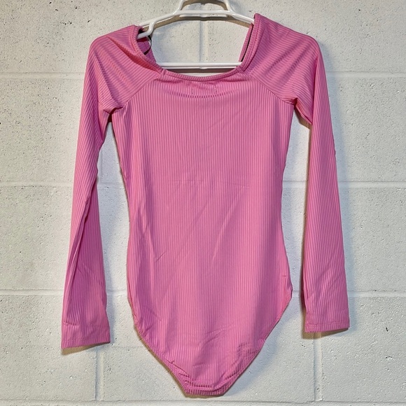 NWT(M) (XL) pink long sleeves bodysuit keyhole ruched bust high waist low rise - Picture 3 of 9